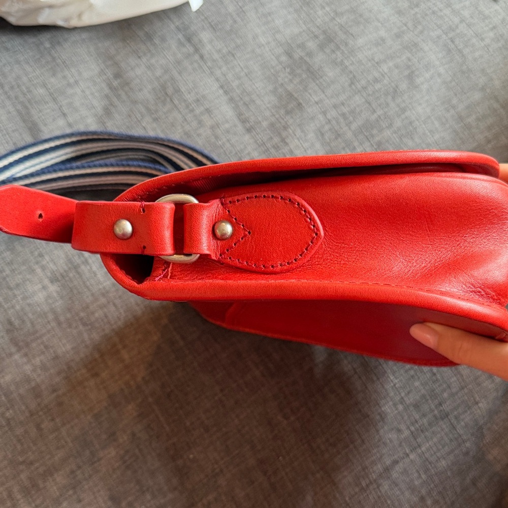 Rugby Ralph Lauren Leather Red Saddle Bag with Blue and White Striped Strap - Picture 4 of 10